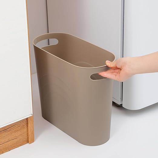 rejomiik Small Trash Can, Slim Garbage Can Plastic Waste Basket with Handles 3.5 Gallon Container Bin for Narrow Spaces Bathroom, Bedroom, Kitchen, Office at Home, 2 Pack Khaki