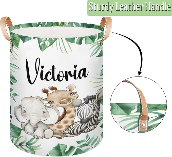 Personalized Laundry Basket, Custom Gift Laundry Hamper, Collapsible Nursery Waterproof Laundry Baskets, Dirty Clothes Toy Hamper with Handles Jungle Animals