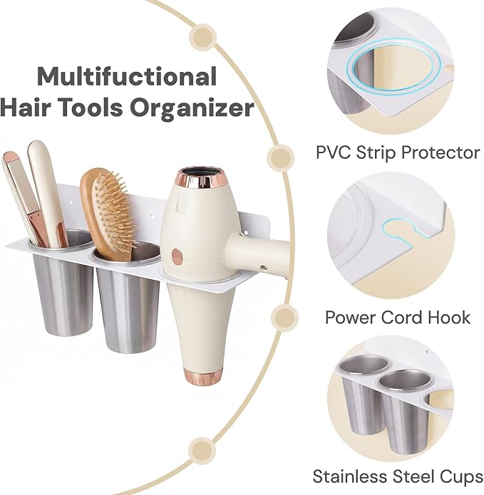 Hair Tool Organizer Wall Mount, Aluminum Alloy Curling Iron Holder Wall Mount, Hair Dryer and Straightener Holder with 2 Stainless Steel Cups 3-in-1 Storage for Bathroom Vanity Salon White PTALSEAW