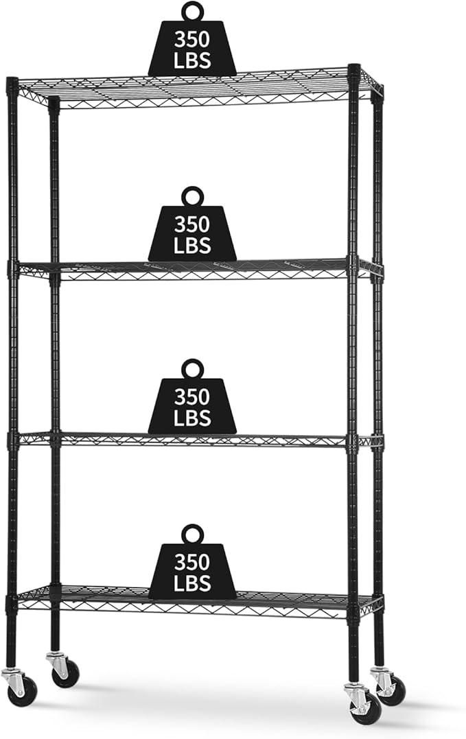 YRLLENSDAN Storage Shelves with Wheels, Heavy Duty 4 Tier Garage Storage Rack, Adjustable Wire Shelving Unit, Metal Shelf Organizer for Pantry, Kitchen, Basement, 36" W x 14" D x 62" H, Black