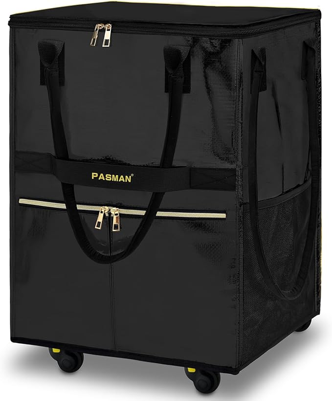 Reusable Grocery Bag on 5 Wheels, Foldable Rolling Tote Bag with Handle and Zipper Cover, 4 Pockets, Heavy Duty Shopping Cart for Laundry, Market & Trave (Black, Medium_67L)