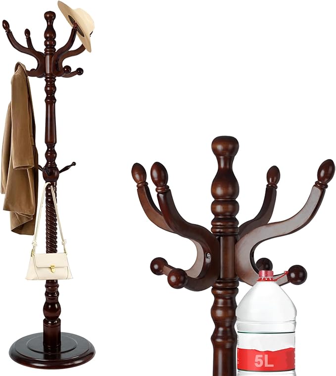 Wooden Coat rack freestanding, Coat racks stand with 11 Hook, Heavy duty coat tree standing 2 Adjustable Heights for Bedroom, Entryway, Hallway, Office,Stury Base (Brown disc)