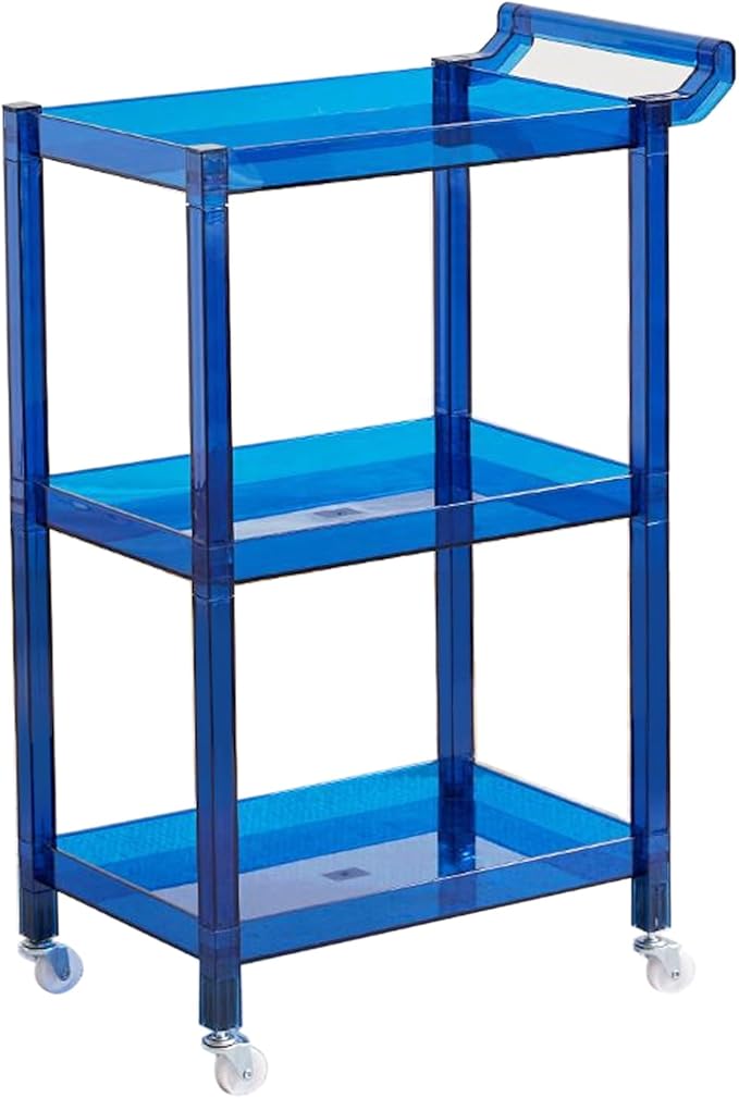 Acrylic-Style Utility Rolling Cart, 3-Tier Clear Storage Cart with Pulling Handle & 4 Wheels for Kitchen Living Room Dining Bathroom Laundry, Multifunction Serving Trolley for Small Spaces (Blue)