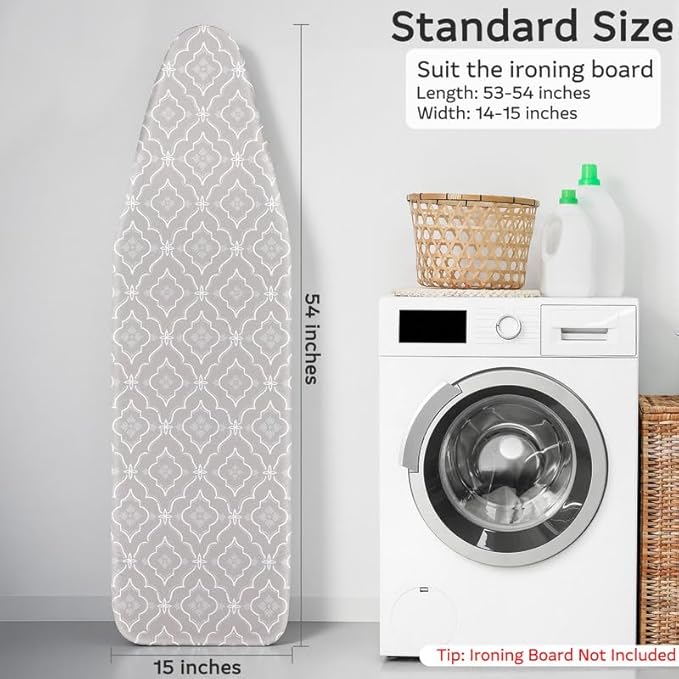 FIOBEE Ironing Board Cover and Pad Extra Thick Iron Board Pad with Heat-Resistant Mesh Padded Iron Board Covers Adjustable Buckle & Elastic Edges for 15x54 Standard Size Ironing Board, Grey Geometric
