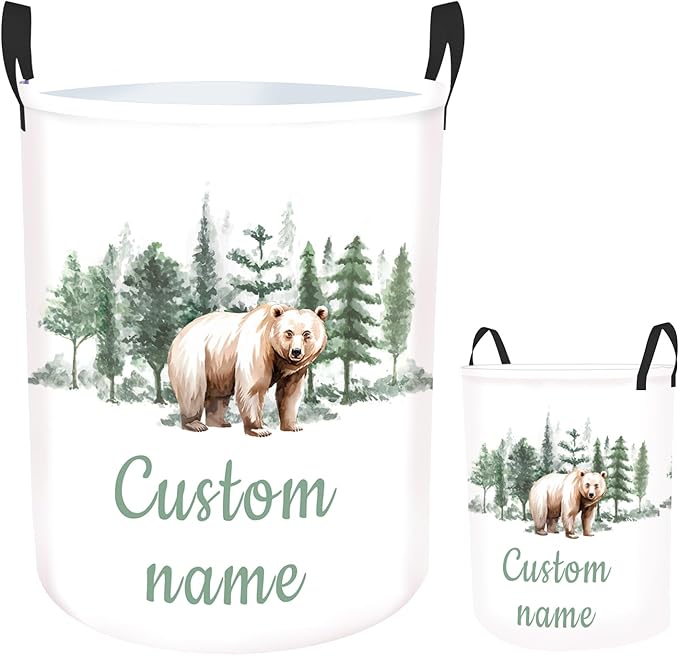 Personalized Woodland Bear Laundry Basket for Kids, Custom Name Baby Laundry Hamper for Nursery, Customize Baby Name Laundry Basket, Waterproof Storage Organizer 2 Sizes