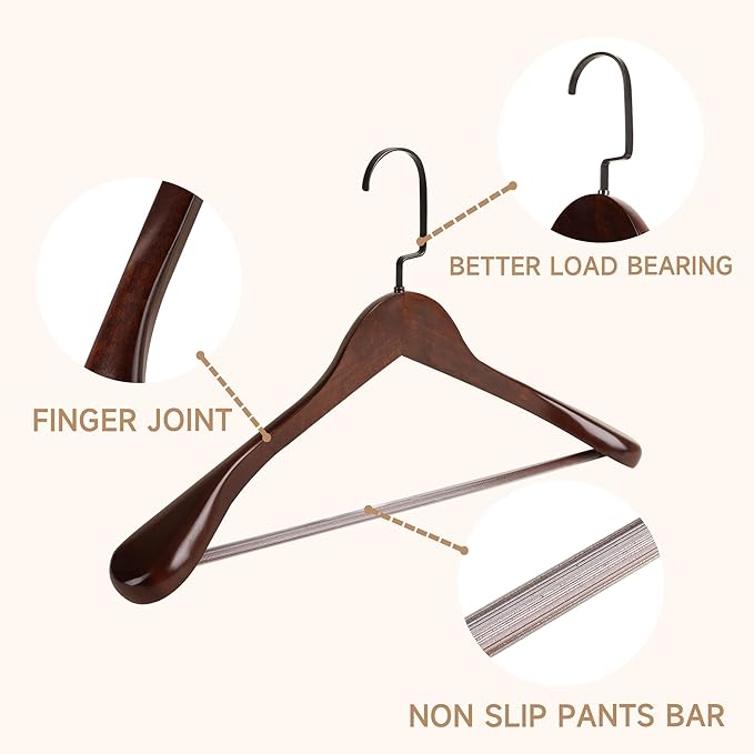 36-Pack Premium Wide Shoulder Wooden Suit Hangers, 16" Heavy-Duty Solid Wood Coat Hangers with Pant Bar for Women's Heavy Garments, Blazers, Jackets (Walnut)