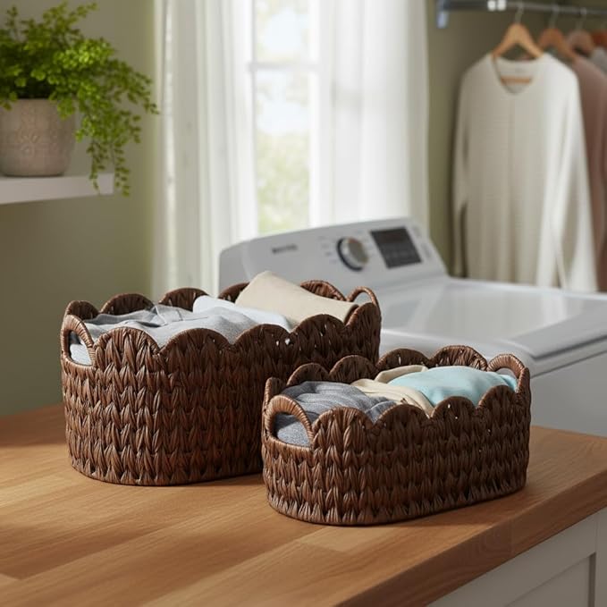 Wicker Scalloped Basket Set of 2,Woven Storage Baskets for Shelves,Closet,Laundry,Gift,Towels,Books,Toys,Waterproof Cute Decor Basket for Organizing,Brown