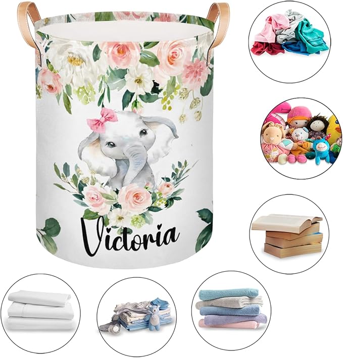 Personalized Laundry Basket, Custom Gift Laundry Hamper, Collapsible Nursery Waterproof Laundry Baskets, Dirty Clothes Toy Hamper with Handles Pink Floral Elephant Girl