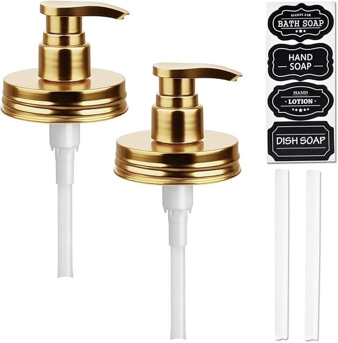Amolliar Plastic Mason Jar Soap Dispenser Lids(2) - Universal Pump Replacement for Regular Mouth Jar - Long Tubes & Cute Lables - for Kitchen, Bathroom, Dish Soap, Lotions, Hand Soap, Gold