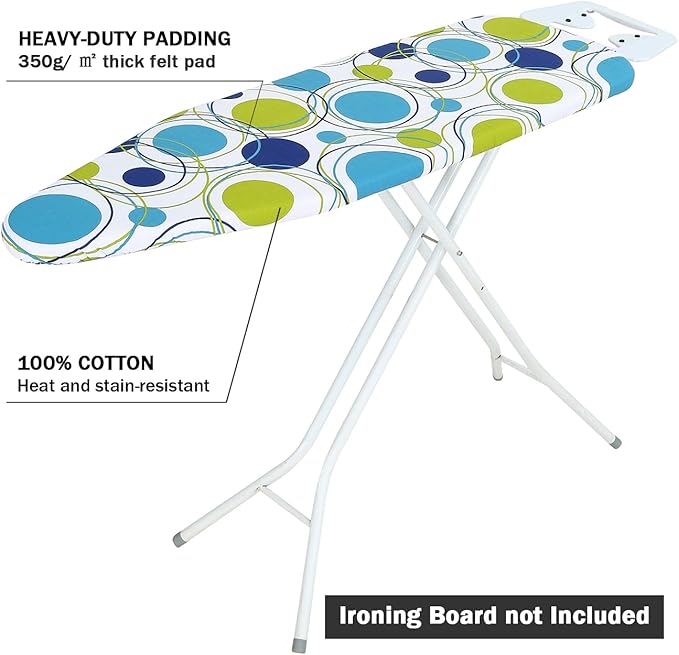 Ironing Board Cover and Pad Standard Size 15" x 54",3 Pairs of Hook and Loop Fastener Straps,Elastic Edges,Cotton Iron Board Cover with Scorch Resistant Thick Padding(Colored Circle)