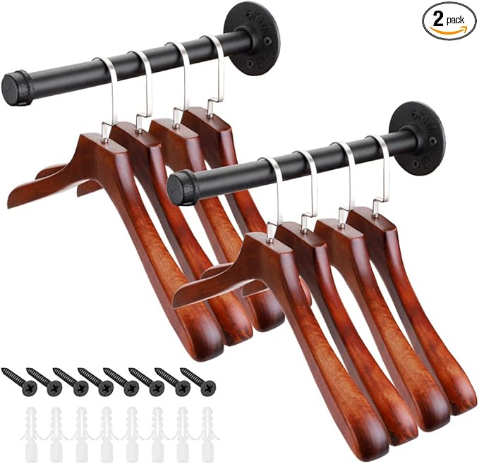 Sumnacon 2 Pcs 12 Inch Industrial Pipe Clothes Bar - Heavy Duty Rustic Metal Coat Hanger with Screws, Wall-Mounted Garment Holder Rack for Bedroom Bathroom Wardrobe Boutique Clothing Store, Black