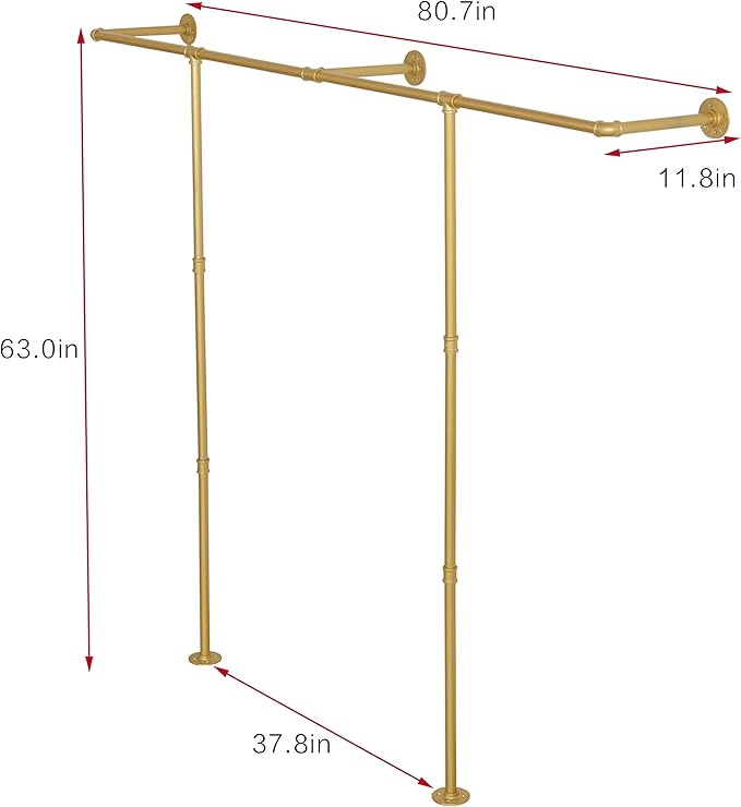 Industrial Pipe Clothing Rack Wall Mounted,Wall Mounted Clothes Rack,Five Bases, Strong Load Bearing Capacity, Space Saving, Suitable for Clothes Display and Storage (80.7, Gold)