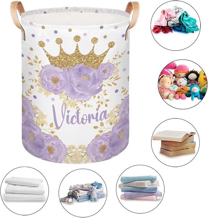Personalized Laundry Basket, Custom Gift Laundry Hamper, Collapsible Nursery Waterproof Laundry Baskets, Dirty Clothes Toy Hamper with Handles Floral Gold Crown Princess