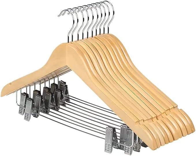 10 Pack Wooden Hangers with Clips High-Grade Wooden Suit Hangers Skirt Hangers with Clips S Wood Hanger with Durable Metal Clips for Blouse, Dress, Coat, Jacket (Natural)