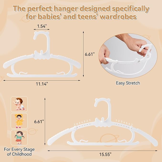 30 Pack Baby Nursery Closet Hangers,Extendable from 11.14"-15.55",Stackable Non-Slip Hangers for Children's Clothes. Adjustable for Infants, Toddlers and Children.Ideal for Laundry Closets.(White)