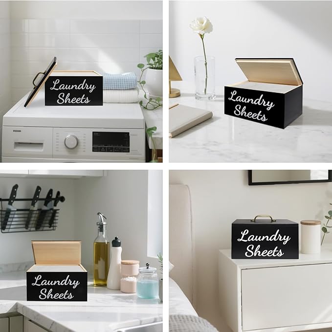 Wooden Laundry Dryer Sheet Holder, Dryer Sheet Dispenser with Lid for Laundry Room Organization, laundry dryer sheet box, Fabric Softener Laundry Beads Dispenser (Black)