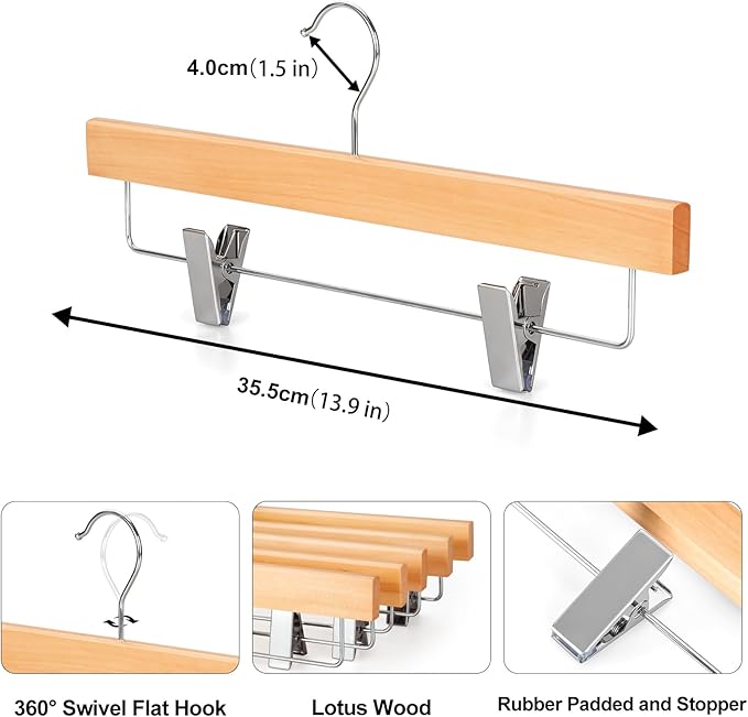 TOPIA HANGER Lotus Wood Pants Hangers, Natural Wooden Skirt Short Jeans Trouser Hanger with Smooth Surface 360° Swivel Hook Anti Rust 2 Adjustable Clips, 10 Pack, CT10PY