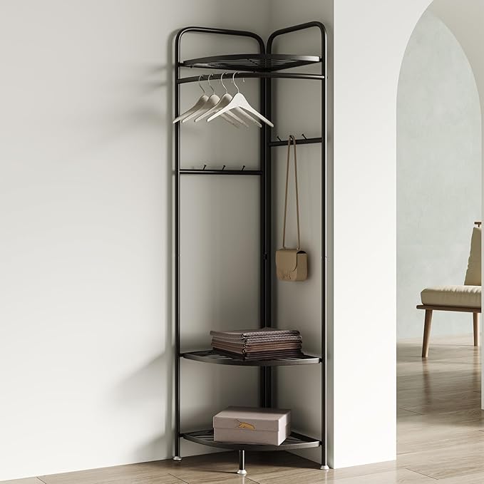 corner coat rack,corner clothing rack with 6 hooks and storage shelf,metal clothes rack coat stand for Entryway, Bedroom