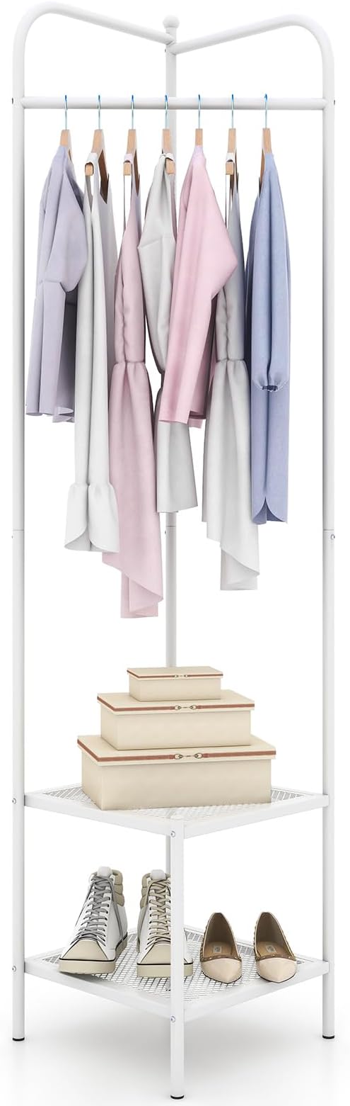 Tangkula Corner Coat Rack with Storage, Simple Hall Tree with Hanging Rod & 2 Mesh Shelves, Anti-toppling Devices, Freestanding Metal Clothes Rack Shoes Shelf Organizer for Entryway Bedroom (White)