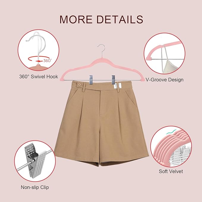 24 Packs Velvet Pant Hangers, 16.8 Inches Velvet Skirt Hangers with Clips, Heavy-Duty Clothes Hangers, Non-Slip Coat Hangers for Shirts, Pants, Skirts, Dresses, Jackets, Coat - Pink