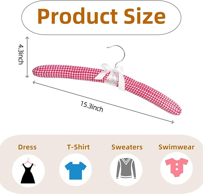 Plaid Pattern Padded Hangers for Women Clothing,Satin Hangers Padded Bride Hanger for Wedding Dress Soft Padded Hanger for Sweaters Coat Clothes (5, Red)