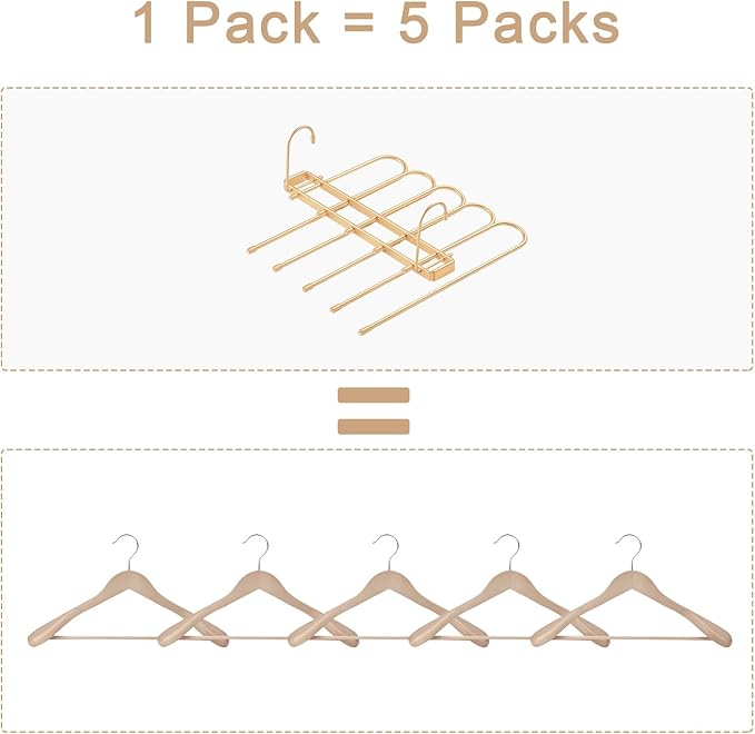Pants Hangers Space Saving,Closet Hangers 5 Layers 2 Uses Multi Functional Pants Rack,Metal Heavy Duty Wardrobe Organizer Racks for Clothes Trousers Scarves Ties (Gold)