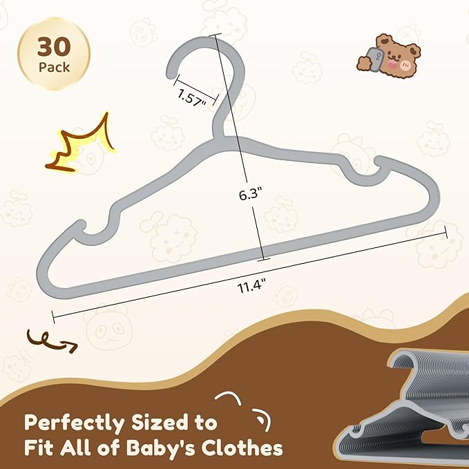 Plastic Kids Hangers - 30 Pack Non-Slip Baby Clothes Hangers for Closet, Toddler & Newborn Clothing Pants, Skirts, Coats (Grey)