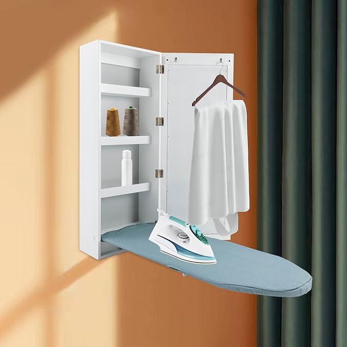 Wall Mounted Ironing Board Cabinet with Mirror, Built in Garment Ironing Surface Ironing Board with Foldable Storage Cabinet for Home Apartment Small Spaces (Style2)