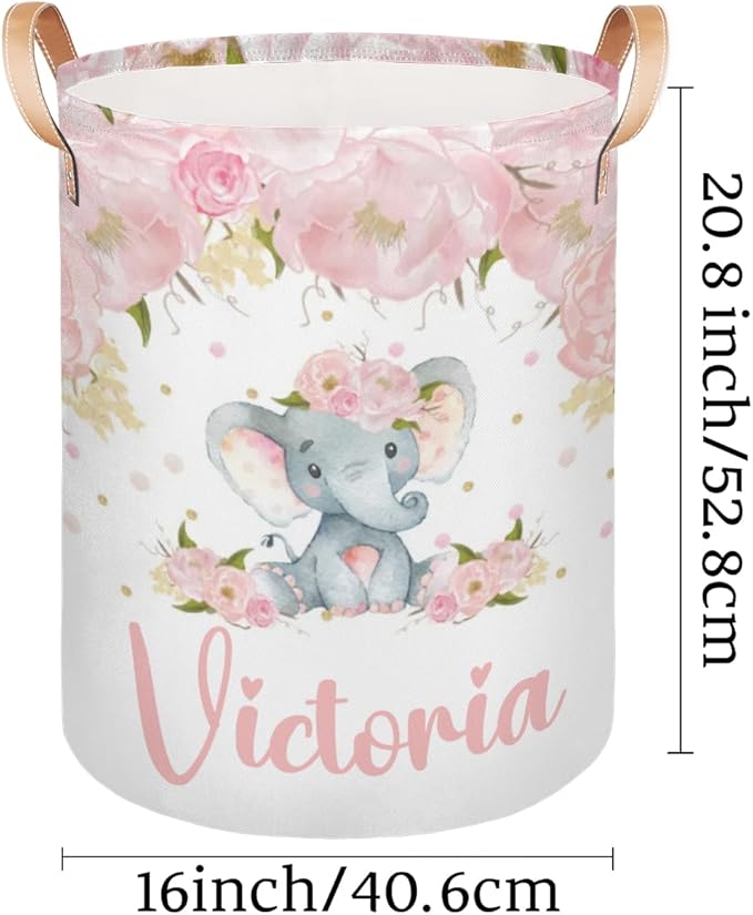 Personalized Laundry Basket, Custom Gift Laundry Hamper, Collapsible Nursery Waterproof Laundry Baskets, Dirty Clothes Toy Hamper with Handles Pink Floral Cute Elephant