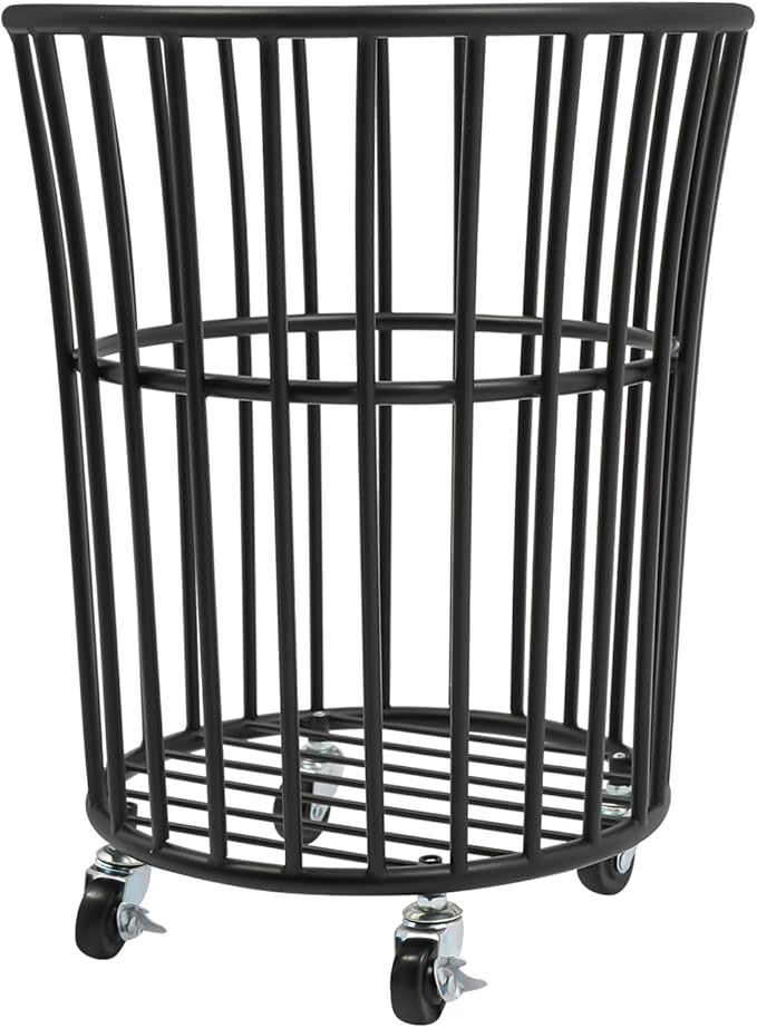 Metal Laundry Basket, Rolling Laundry Hamper with Wheels, Round Mesh Iron Basket Storage Clothes Organizer with Locking Casters for Laundry Room Bathroom Bedroom Closet Dorm (Black)