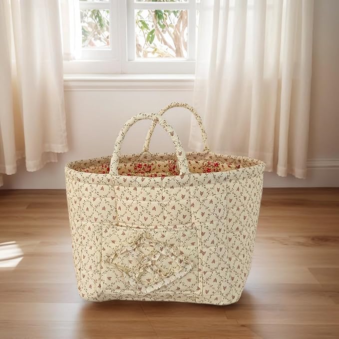 Quilted Laundry Basket Floral Storage Basket Cute Fabric Laundry Baskets Large Boho Foldable Nursery Hamper (Floral04)