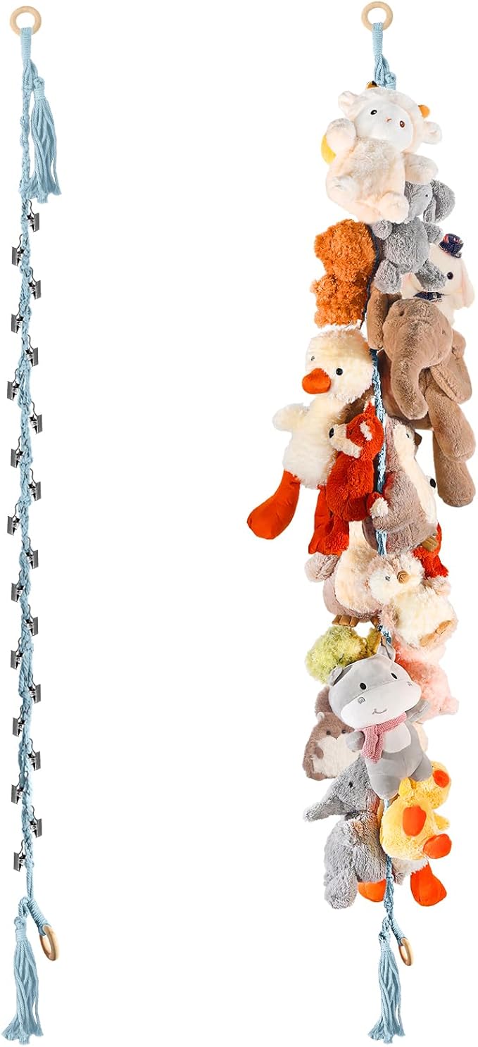 80" Cotton Hanging Storage Chain For Stuffed Animals Storage with 20 Metal Clips, Stuffed Animal Organizer Chain for Wall Corner Nursery Play Room, Baby Blue