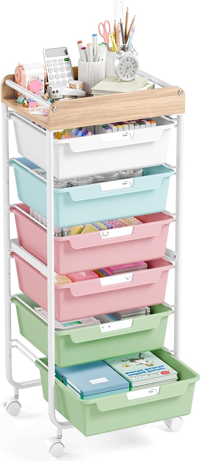 APEXCHASER 6-Drawer Plastic Organizers on Wheels,Rolling Storage Cart with Wooden Top, Mobile Drawer Unit for Classroom, Crafts, Art Supplies, and Home Organization,Colorful