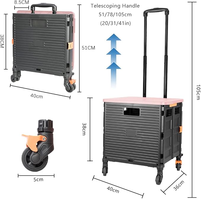 FELICON SELORSS Foldable Utility Cart Folding Portable Rolling Crate Handcart with Heavy Duty Telescoping Handle Collapsible 4 Rotate Wheels for Travel Shopping Move Luggage Office Use(Black+Pink)