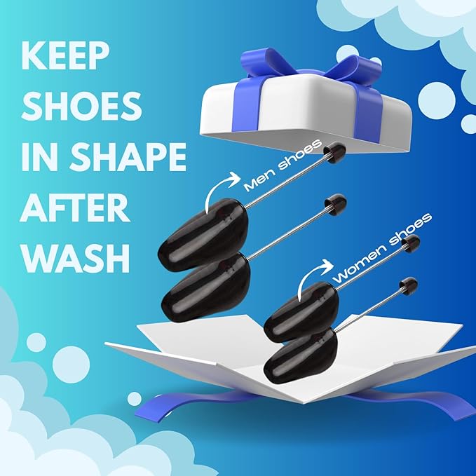 Shoe Wash Bags Set (2 Large) with 4 Shoe Trees – Hook-Lock Zipper, 360° Water-Flow Mesh, Reusable, Washer & Dryer Safe