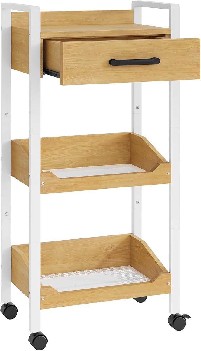 Hoctieon 3-Tier Rolling Storage Cart with Drawer, Rolling Utility Cart Organizer, Mobile Shelving Unit with Wheels, Metal Frame, Kitchen Utility Cart for Small Space, Office, Bathroom, Oak Beige