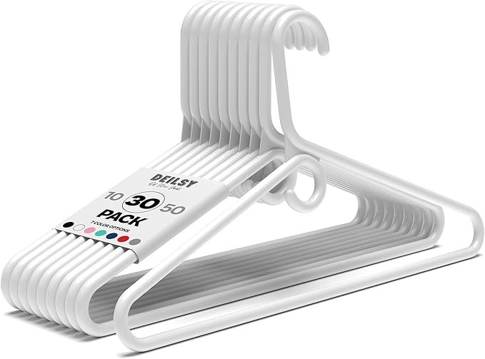 DEILSY™ White Plastic Hangers - White Super Heavy Duty Clothes Hanger, Thick Strong Standard Closet Plastic Hangers with Hook for Scarves and Belts - Pack of 30