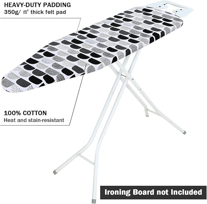 Ironing Board Cover and Pad Standard Size 15" x 54",3 Pairs of Hook and Loop Fastener Straps,Elastic Edges,Cotton Iron Board Cover with Scorch Resistant Thick Padding(Semi-Circle)