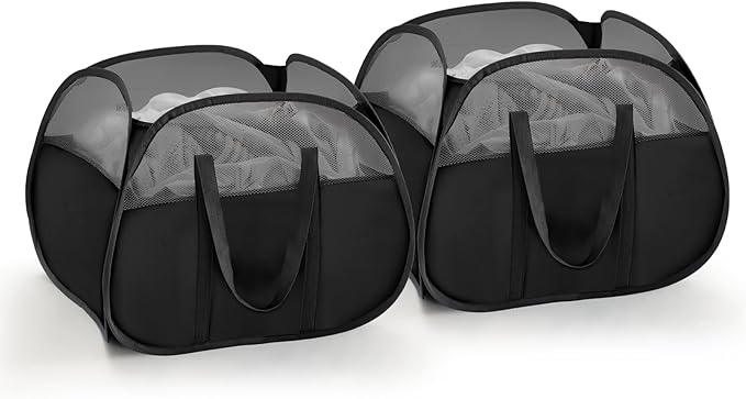 TECHMILLY Pop Up Foldable Laundry Basket, 90L Large Capacity Square & Tear Proof Laundry Hamper with Reinforced Handles for Dirty Clothes Storage in Dorm, Laundry Room, Bathroom, Black(Fabric), 2 Pack