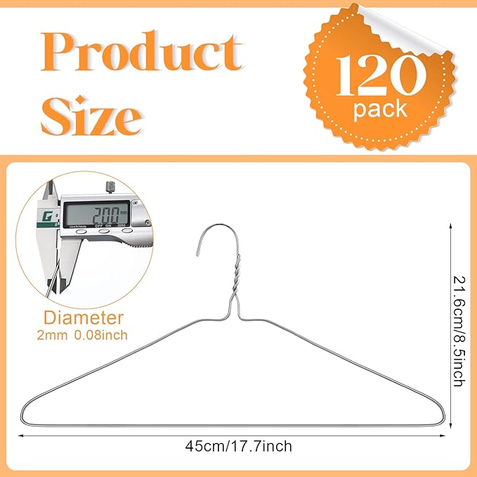 120 Pcs Wire Hangers Bulk 17.7" Dry Cleaner Hangers, Suit Holders for Home Caped Clothing (Silver)
