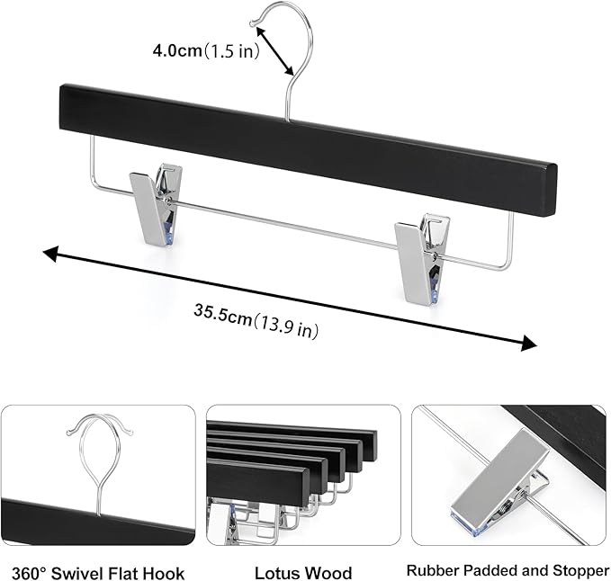 TOPIA HANGER Lotus Wood Pants Hangers, Black Wooden Skirt Short Jeans Trouser Hanger with Smooth Surface 360° Swivel Hook Anti Rust 2 Adjustable Clips, 10 Pack, CT10PB