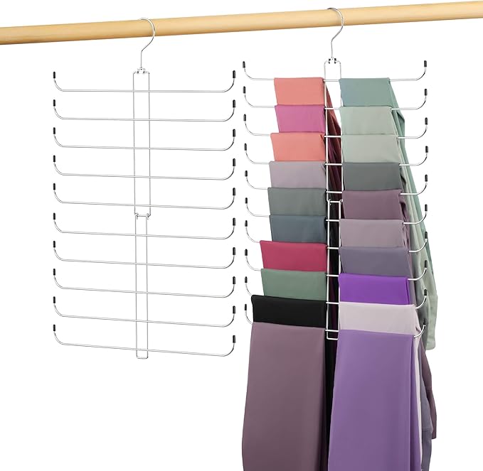 2 Pack Leggings Hangers for Closet, Metal Yoga Pant Legging Organizer Holds 40 Leggings, 360° Rotating Space Saving Hanging Closet Organizers and Storage, Silver