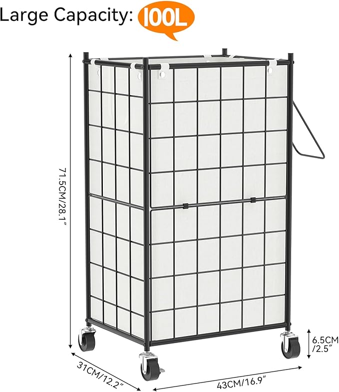 WOWLIVE Laundry Hamper with Wheels,Metal Wire Frame Rolling Laundry Basket with Removable bag,100L Dirty Clothes Hamper Organizer Dorm Room Storage for Bedroom,Bathroom,Black and White
