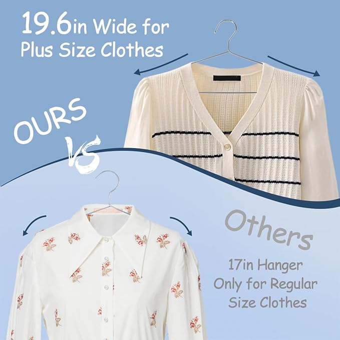 King Mills 19.6inch Stainless Steel Plus Size Hangers, Ideally Used as Extra Large Hangers for Heavy-Duty Clothes, Shirts, Oversized Coats, Dresses and Etc. Silver.50PK