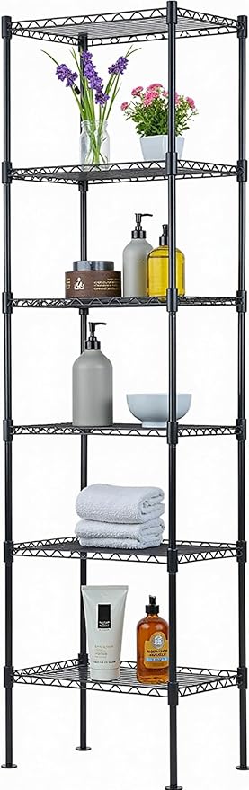 6-Tier Metal Shelving Unit, Adjustable Wire Shelf Storage Rack for Pantry, Closet, Kitchen, Bathroom, Laundry Room – Heavy Duty Storage Shelves Organizer, Narrow Space-Saving Standing Shelf (Black)