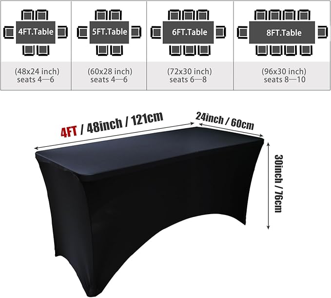 4 Pack - Elegant Black Stretch Spandex Table Cover (48Lx24Wx30H Inches), Non-Iron Fitted Tablecloth for 4-Foot Rectangular Folding Tables -Ideal for Banquets, Weddings & Festivals