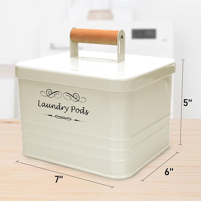 ElitaPro Modern Farmhouse Laundry Pods Container with Lid for Laundry Room Décor & Accessories, Laundry Room Organization (Ivory)