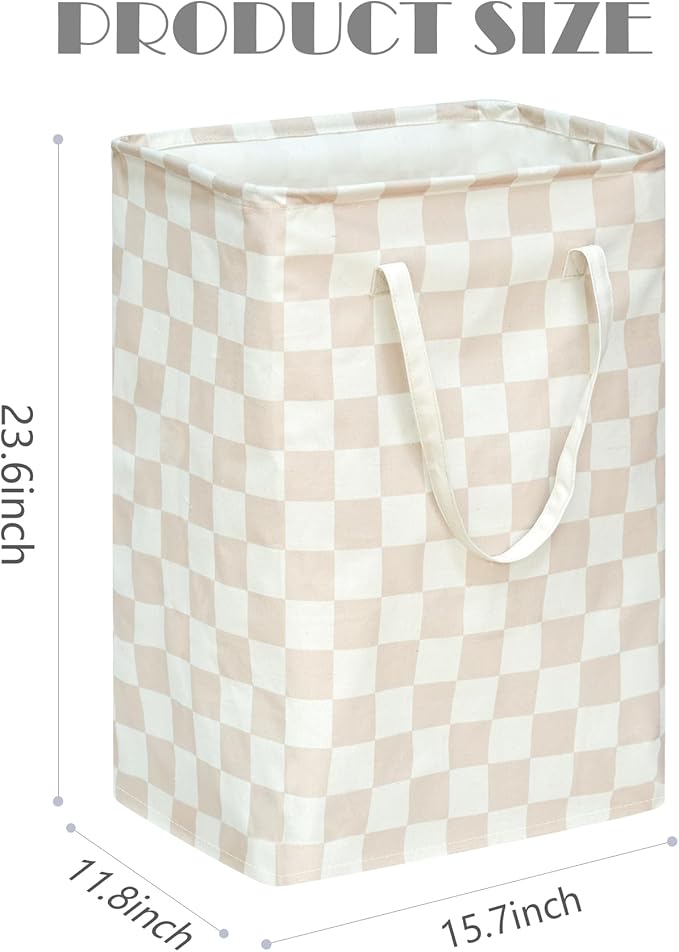 Beige Checkered Laundry Basket Girls Hamper Storage Bins Organizer Toy Box Large Canvas Collapsible Chest for Home/Dorm/Kitchen/Pet/Office/Closet/Shelf/Gift Baskets