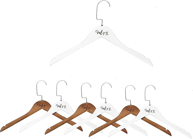 Mr. and Mrs. Wooden Bride Hanger Hangers, 7 Pieces (4 Ｗhite + 3 Ｖintage)
