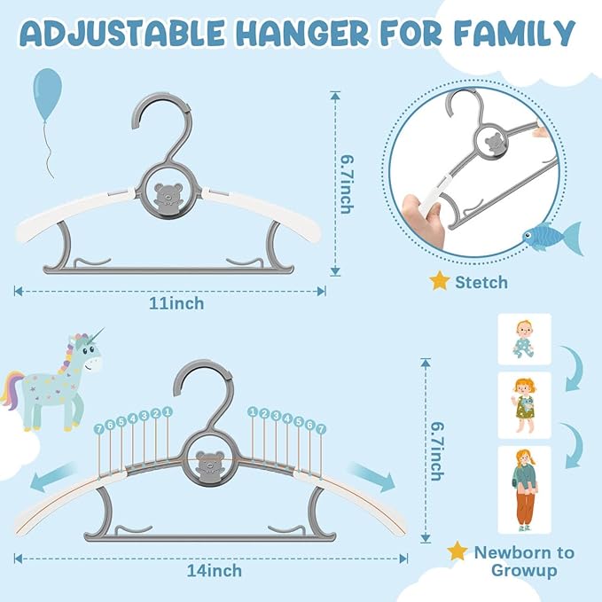 30 Pack Kids Hangers for Nursery Closet, Adjustable Non-Slip Toddler Baby Hangers with Windproof Buckle, 11-14" Infant Child Plastic Clothes Pant Hanger for Boys Girls Newborn Adult, Grey
